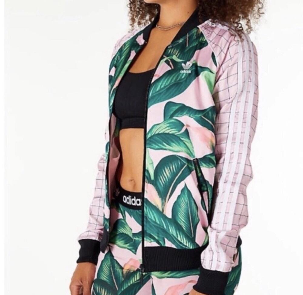 Adidas x Farm Rio SST Tropical Palm Leaf Print Silky Track Jacket Pink S